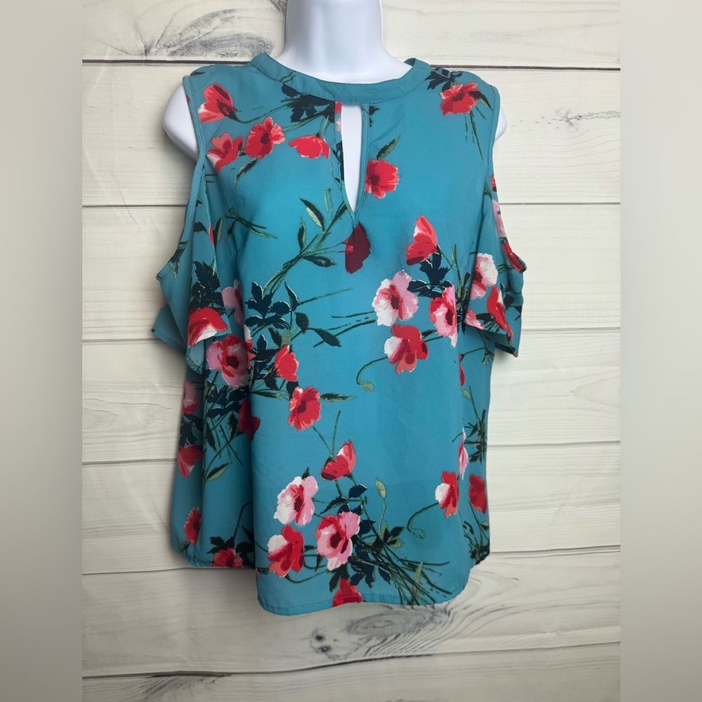 Japna Bright floral cold shoulder top teal red pink